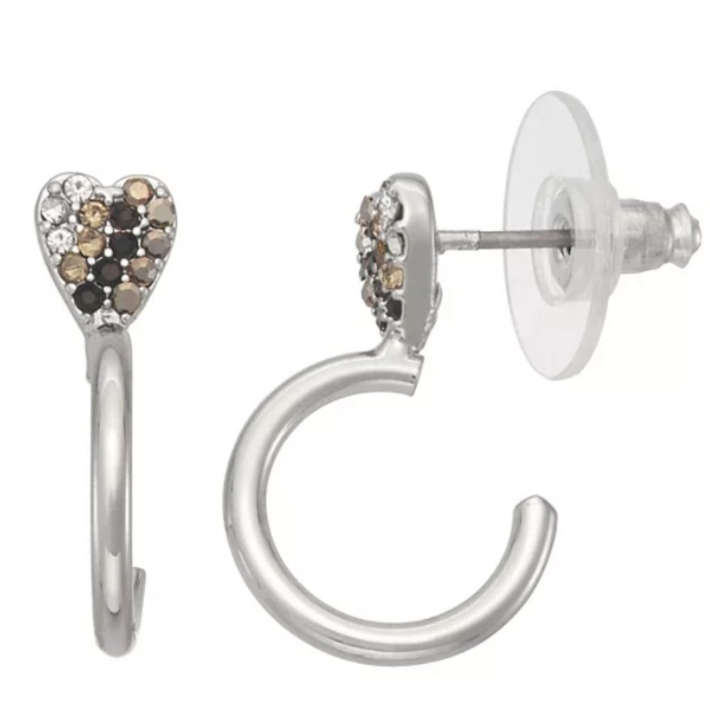 Simply Vera Vera Wang Silver Tone Pave Heart C Hoop Earrings